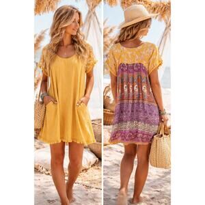 Umgee Linen Blend Boho Shift Dress Size L Mustard Floral Fringe Pockets Summer